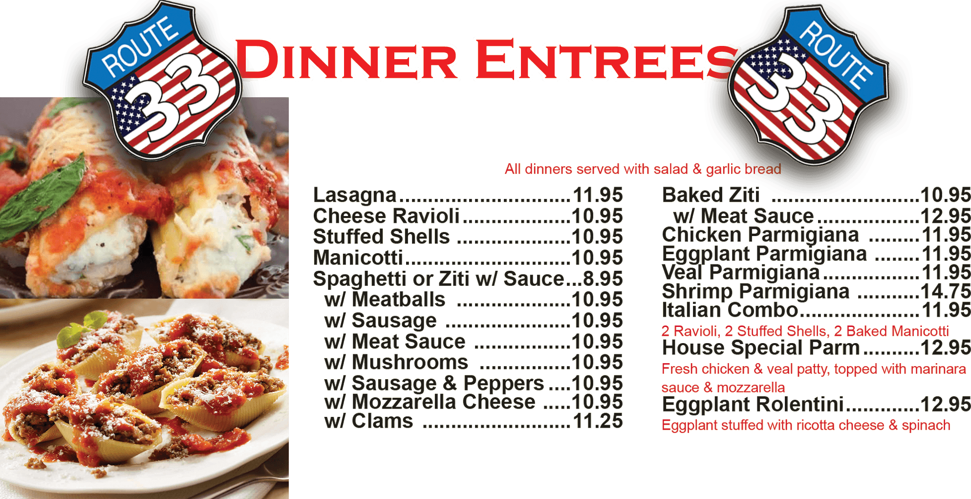 Dinner Entrees Route33 Pizza House